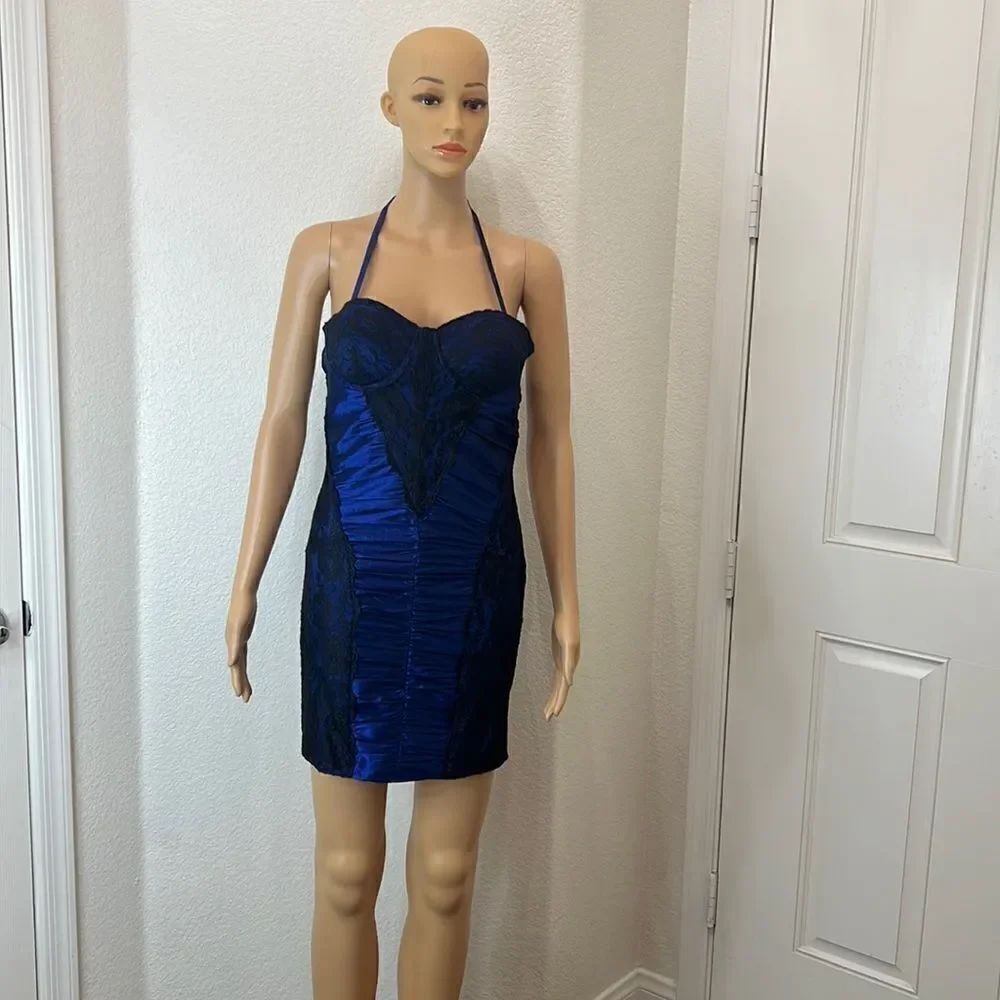 Lydia Dress Adjustable Halter Neck Sz Medium Royal Blue Black Lace Shirred Mini
